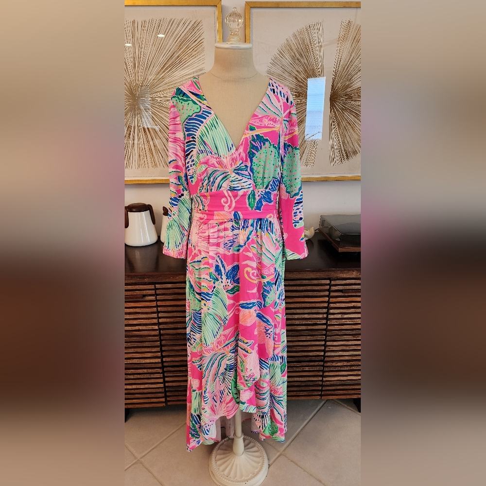 Lilly Pulitzer Montague Hi-Lo Maxi Midi Knit Dress in Raz Berry Sunset Soiree